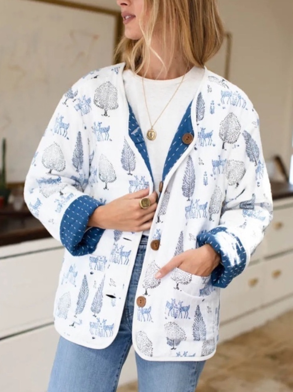 Emerson Fry Woodland Fawn Print Reversible Quilted Jacket